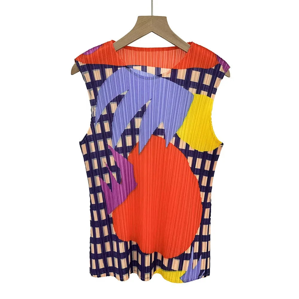Miyake Pleated Sleeveless Vest Women's Spring and Summer New Contrast Color Geometric Print Loose Casual Fashion Round Neck Top