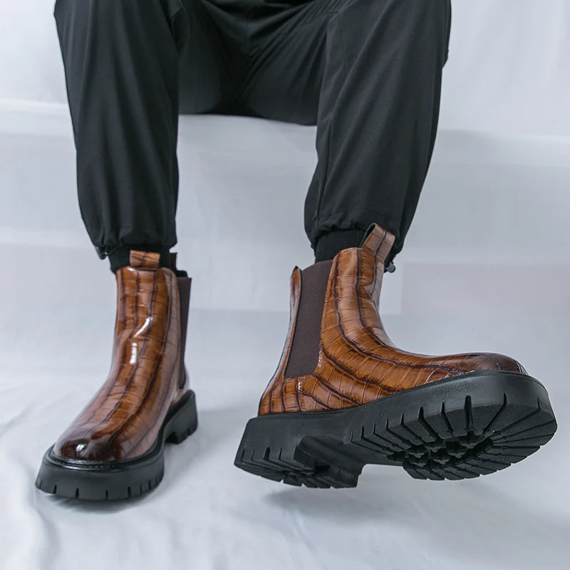 2025 Fashion Brand Men's Comfortable Fit Thick Soled Chimney Boots Autumn New High Top Chelsea Boots Plus Large Workwear Boots