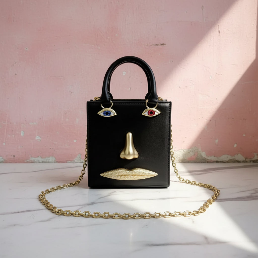 2026 Summer New Women's Surreal  Leather Handbag 3D Face Hand Grip Pattern Tote Bag Silver Patent Leather Square Versatile Shoulder Bag