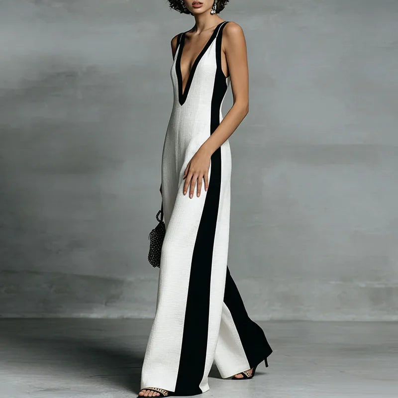 Women's Sexy Deep V Neck Wide Leg Pants Jumpsuit Spring Elegant Striped Print Patchwork Romper Summer Sleeveless Zipper Overalls