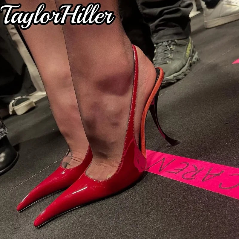 Strange Style Patent Leather Heeled Sandals Shallow Pointy Toe Black Wine Red High Heels Pull On Slip On Luxury Modern Shoes New