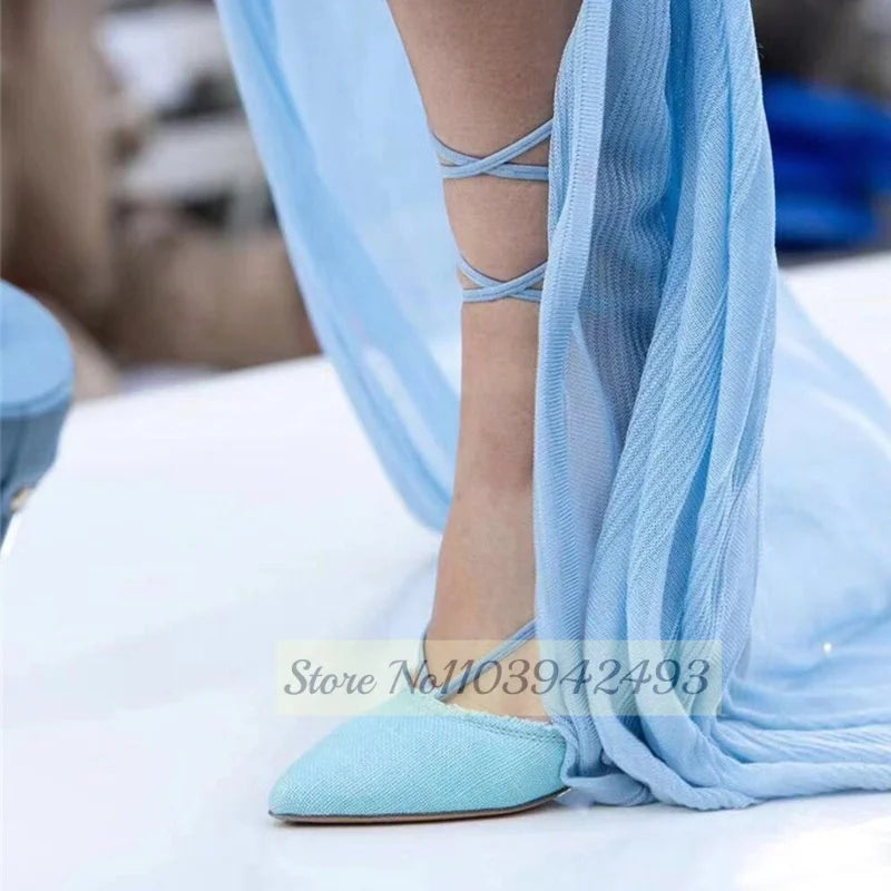 Light Blue Heels Lantern Heeled Sandals Women Strappy Pointed Toe Luxury Desigher Shoes Lace Up Solid White Blue Shoe Sandalias