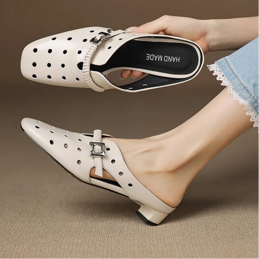 Genuine Leather Hollow Slippers Women Covered Toe Thick Heels Dating Buckle Mules Ladies Summer Leisure Slippers