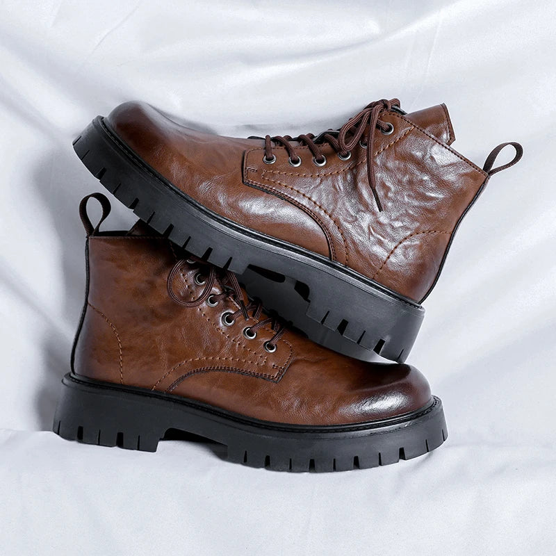 New Fashion Lace Up Casual Mens Boots Mens Thick Sole Ankle Boots Trendy Comfortable Mens Classic Black/Brown Motorcycle Boots
