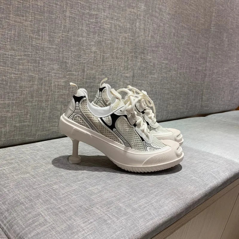 Summer Adult Girls High Heeled Dad Shoes Women Spring Versatile Breathable Lace up Casual Shoes Fashion Sports Mesh High Heels