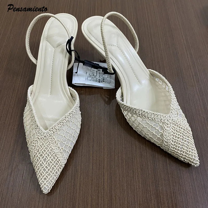 Ins style Fashion Weave Hollow out Women Pumps Summer Fashion Slingbacks Office Lady Thin High heels Elegant Party Prom Shoes