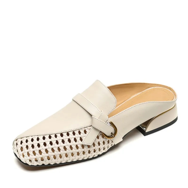 Dilalula 2025 Genuine Leather Hollow Women Mules Covered Toe Low Thick Heels Casual Slippers Ladies Summer Walk Belt Mesh Slides