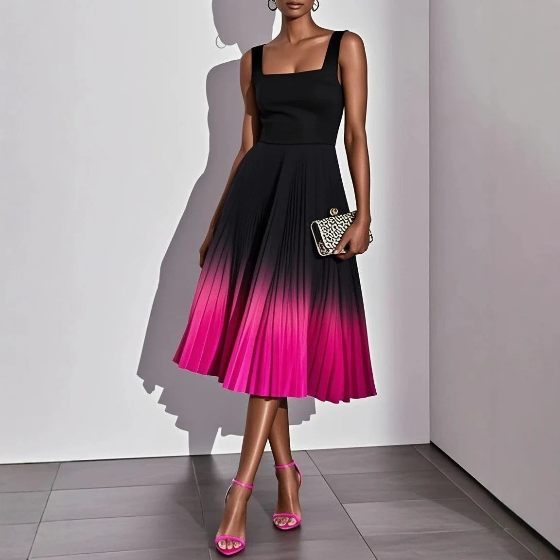 Square Neck Wide Strap Fitted Bodice Gradient Pleated Flared Midi Dress  A Line Elegant Cocktail Party Knee Length Gown
