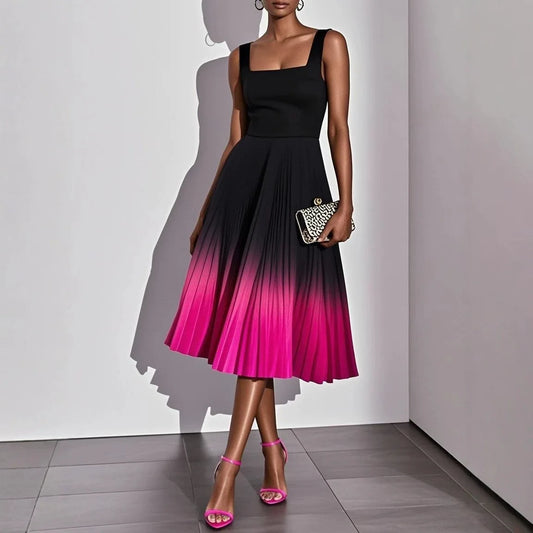 Square Neck Wide Strap Fitted Bodice Gradient Pleated Flared Midi Dress  A Line Elegant Cocktail Party Knee Length Gown