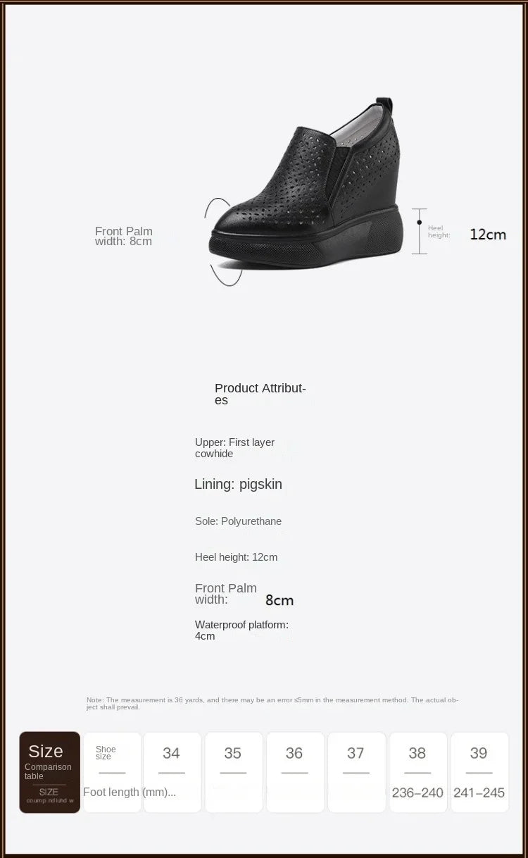 High Heels Hollow Out Shoes Casual Black White Women Sneakers Leisure Platform Shoes Slip-On Breathable Height Increasing Shoes