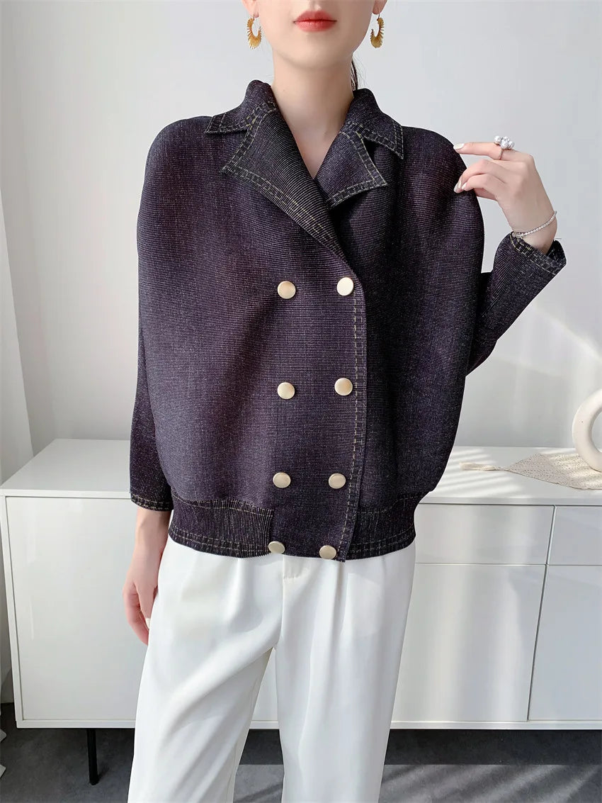 Miyake Women's Early‑Autumn Toothpick‑Texture Pleated Jacket, Relaxed‑Vibe Casual Outerwear, Slim‑Fitting Draping Commuter Top