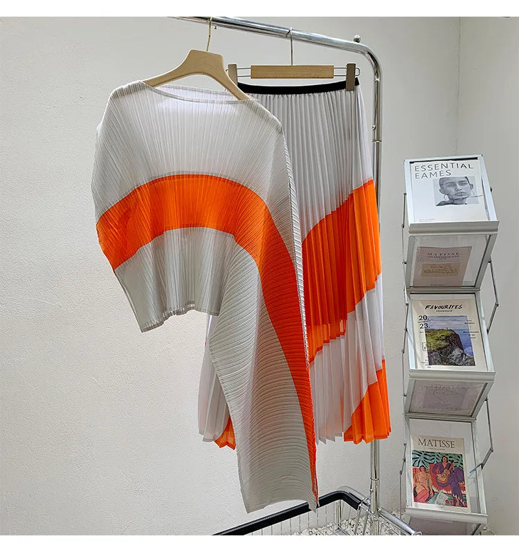 Miyake Pleated Two Piece Skirt Sets Women Sleeveless Irregular T-shirt Long Contrasting Color Skirt