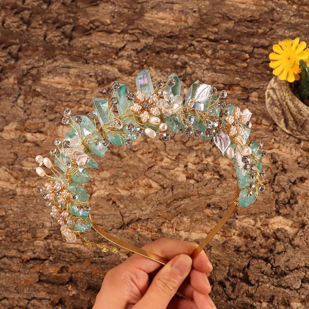Natural Amethyst Quartz Crown Raw Stone Wand Hairpin with Flower Rhinestone Hand Crafted Women Hair Band for Party Birthday Gift