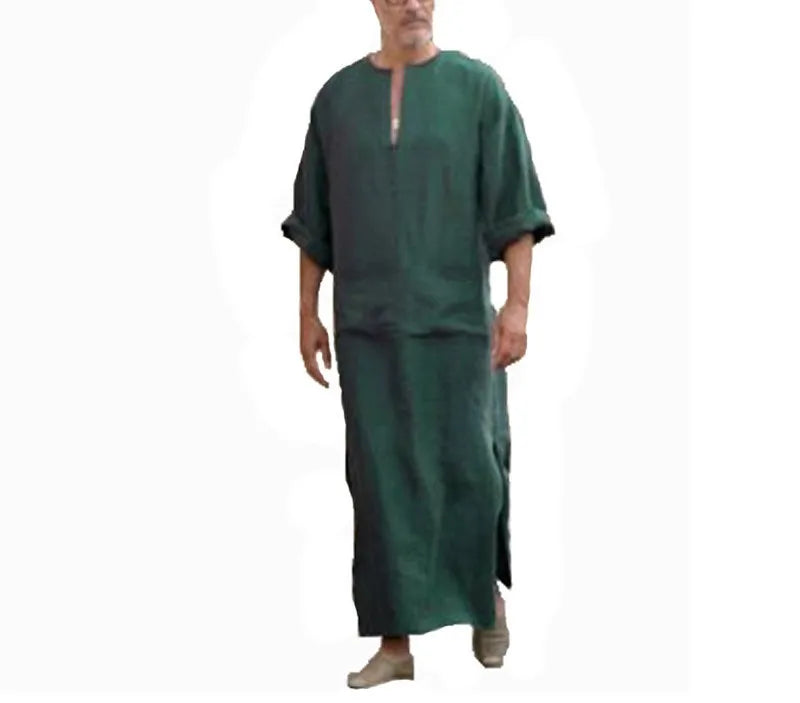 New 2026 Men Cotton Linen Long T-shirts Muslim Solid Casual Abayas Men Jubba Thobe Kaftan Arab Islamic V-neck Long Sleeve Robes