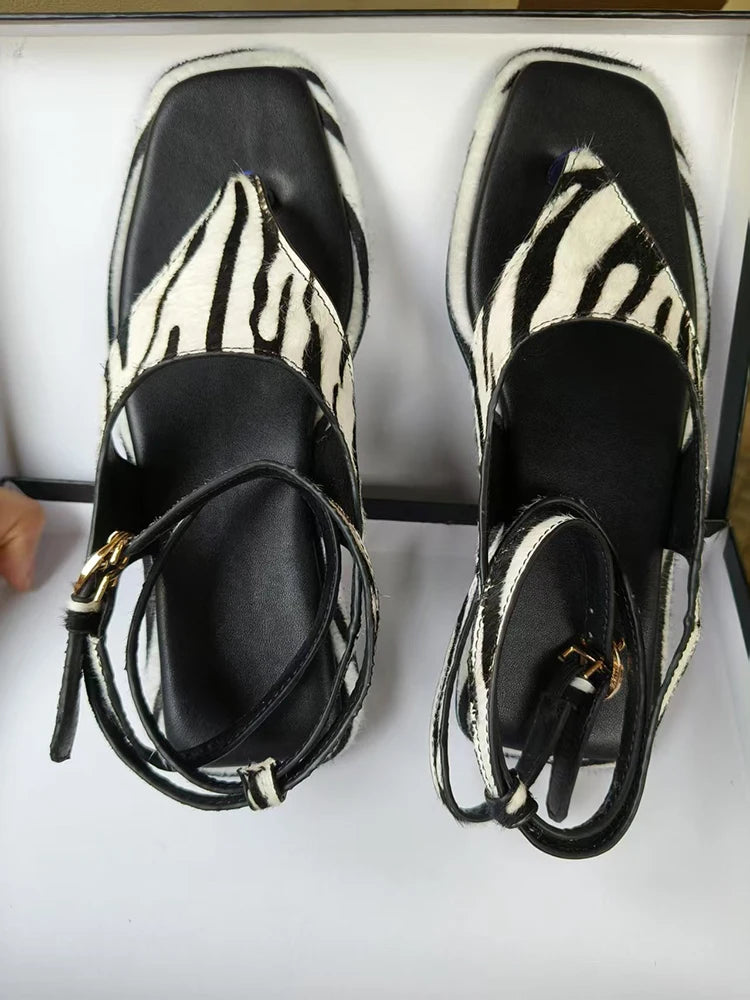 leather Trendy  Flip Flop Sandals Women Flat Heel Ankle Wrap Vacation Sandals Ladies Beach Shoes Zebra Print