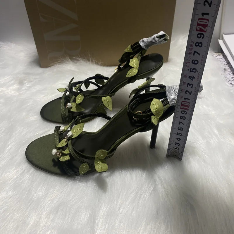 2025 Summer Leafs Satin Narrow Band Women Gladiator Sandals Fashion Stiletto High heels Female Party Dress Shoes Sandals Mujer