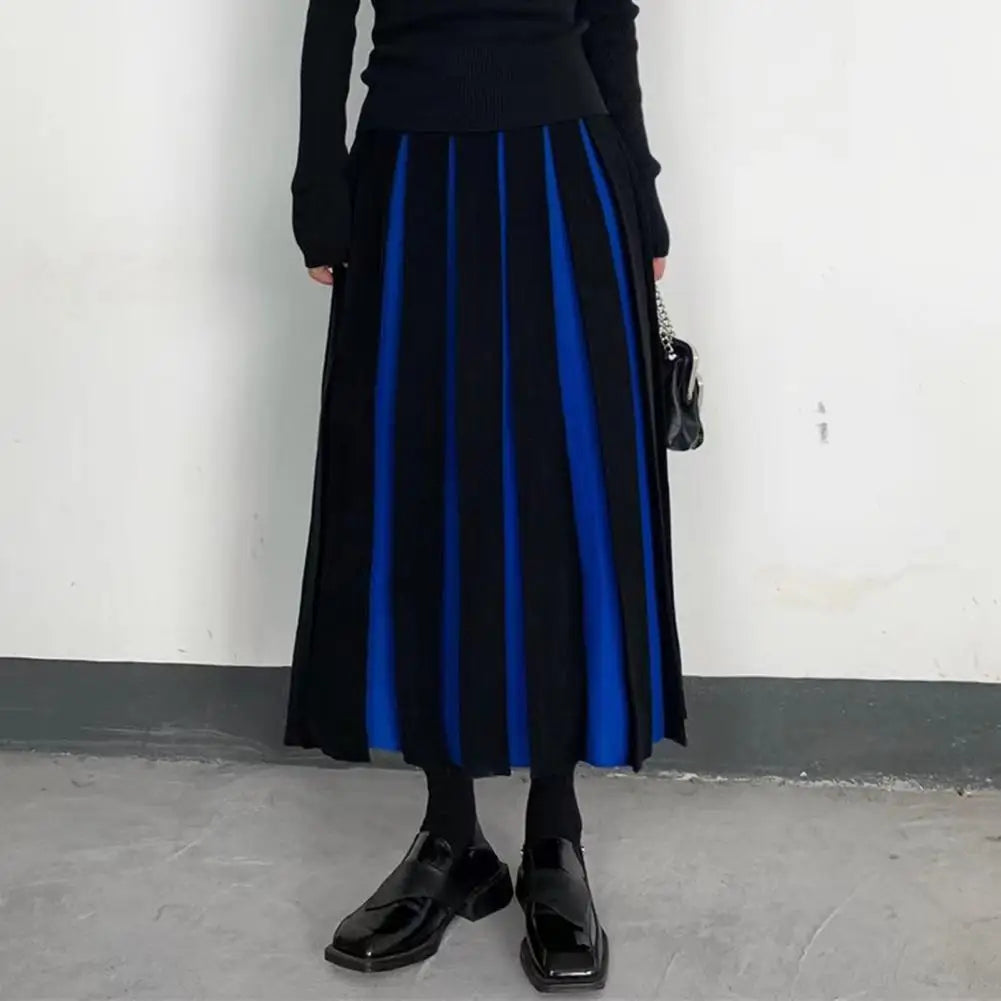 Women Midi Skirt High Waist Patchwork Color Pleated Skirt Ladies Autumn Knitting Skirt Women Versatile Comfortable Daily Wear