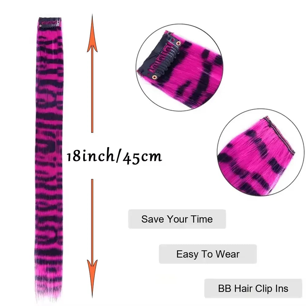 Stripe Printed Clip in Hair Extensions Synthetic Straight Hair Highlights Colorful 18 Inches Wig Hairpieces for Daily Use Party