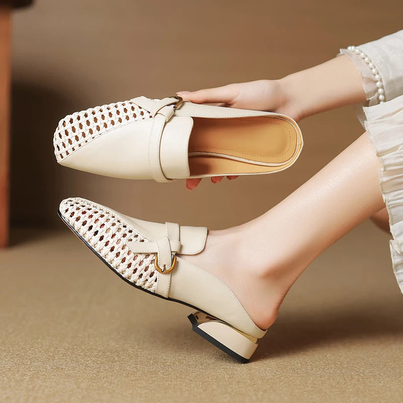Dilalula 2025 Genuine Leather Hollow Women Mules Covered Toe Low Thick Heels Casual Slippers Ladies Summer Walk Belt Mesh Slides