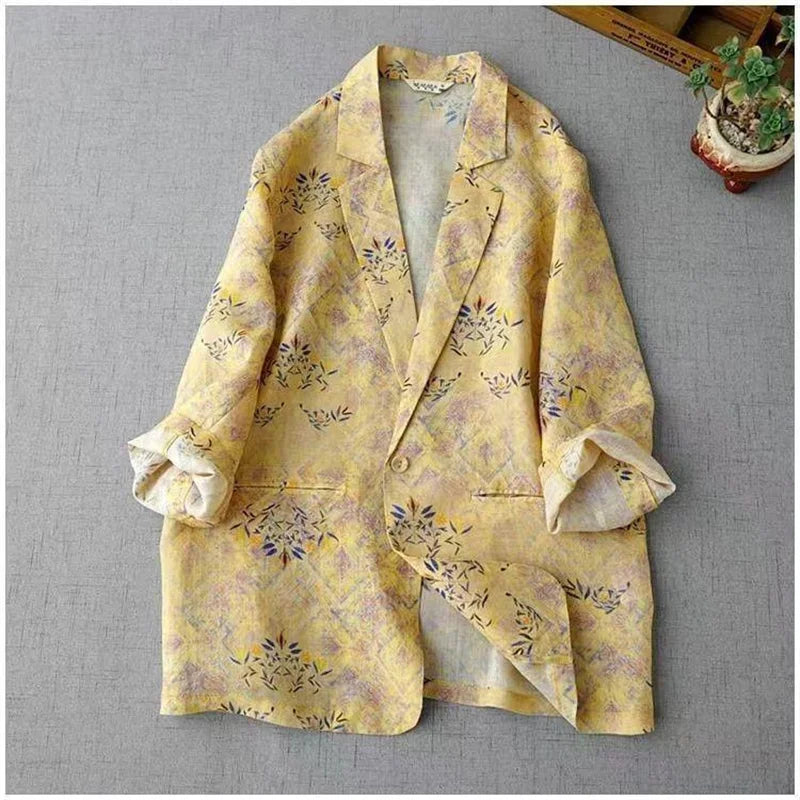 New Women's Spring and Summer Ramie Printed Cropped Sleeves Loose Suit Jacket Women's Casual Literary Thin Coat Women's Coat