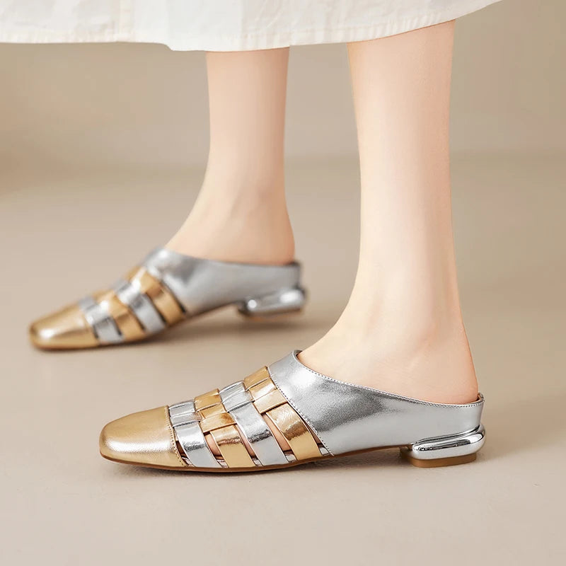 Dilalula 2025 Genuine Leather Braided Slippers Women Mixed Color Covered Toe Low Heels Casual Slides Ladies Summer Weave Mules