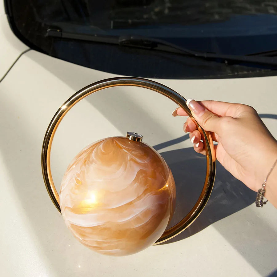 Fashion Marble Pattern Acrylic Round Evening Bag for Women Luxury Designer Metal Handle Lady Handbags Elegant Party Purses 2025
