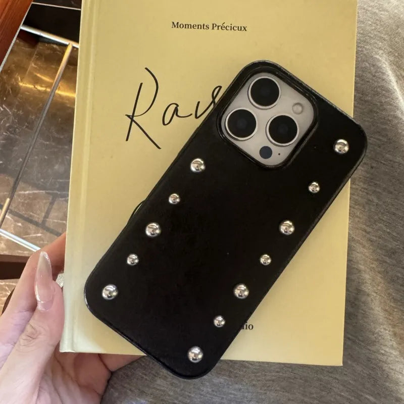 Chic iPhone case Personality Advanced Silver round Rivet Solid Color Leather Shock Proof Phone Cover for iPhone 17Promax 16 15 14 13 Pro Max Case