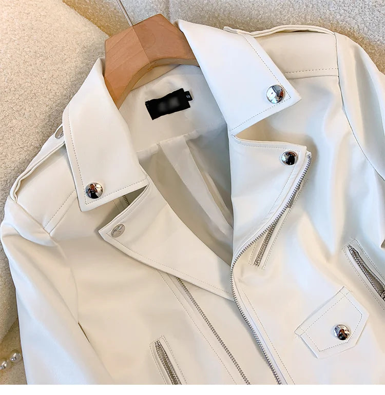 Blue PU leather jacket for women's spring autumn short Street style 2025 new retro motorcycle Leather Coat top