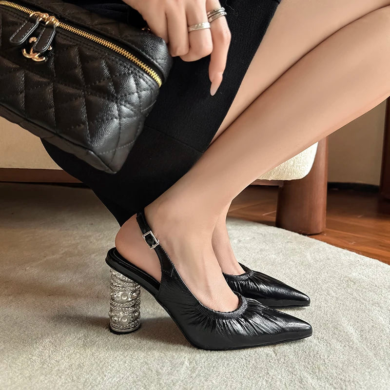Genuine Leather Pleated Sandals Women Sexy Covered Toe Beads Decoration High Heels Ladies Party Dating Shoes