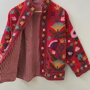 Vintage Style Suzani Unisex  Embroidered Velvet Jacket Handmade Boho Chic Ethnic Coat Women Designer Wear