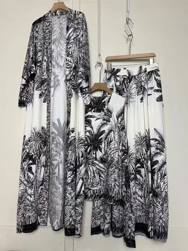 Retro positioning printed long cardigan+vest three piece set 2026 spring women's clothing+loose pants skirt fashion set