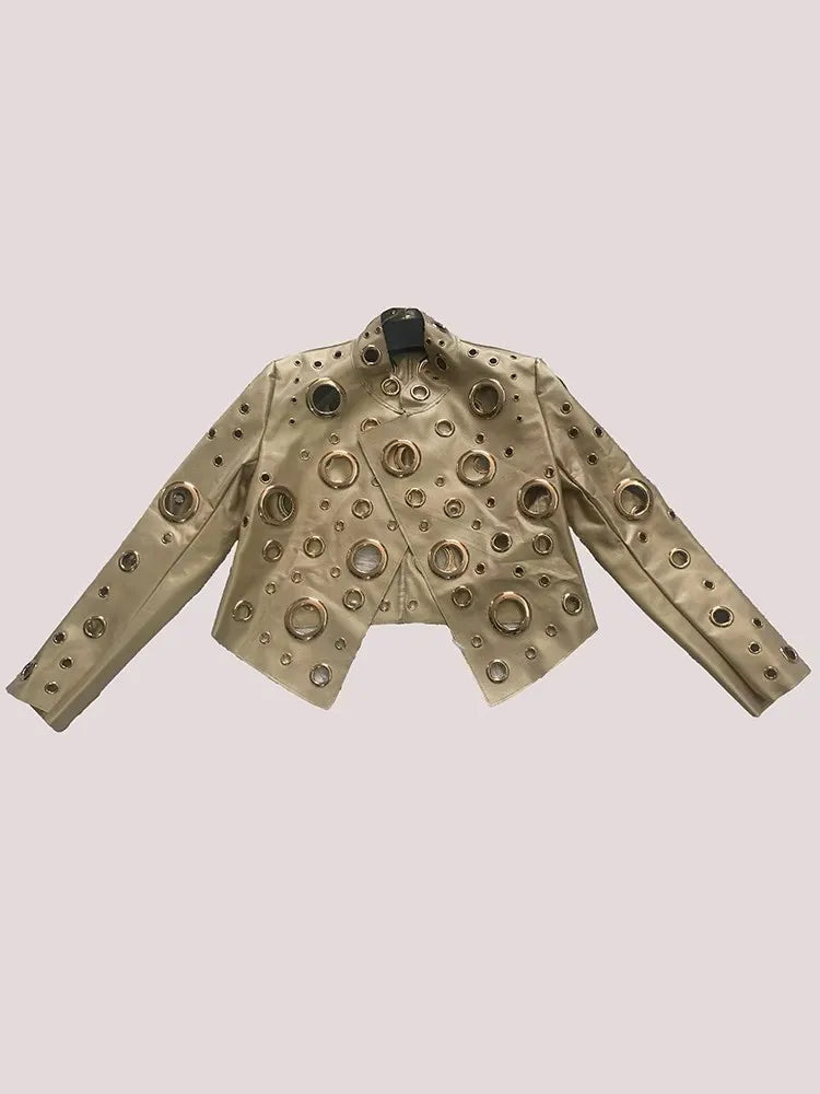 Mauroicardi Spring Short Hollow Out Patchwork Short Pu Leather Jacket Women Cool Luxury Designer European Style Clothes Fashion
