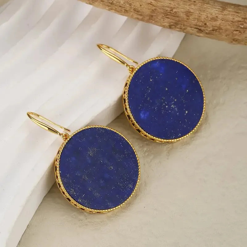 Lapis Lazuli Dangle Earrings - Large, Natural, Vintage Round, Bohemian Style, Ethnic Fashion Jewelry for Women - Perfect for Par