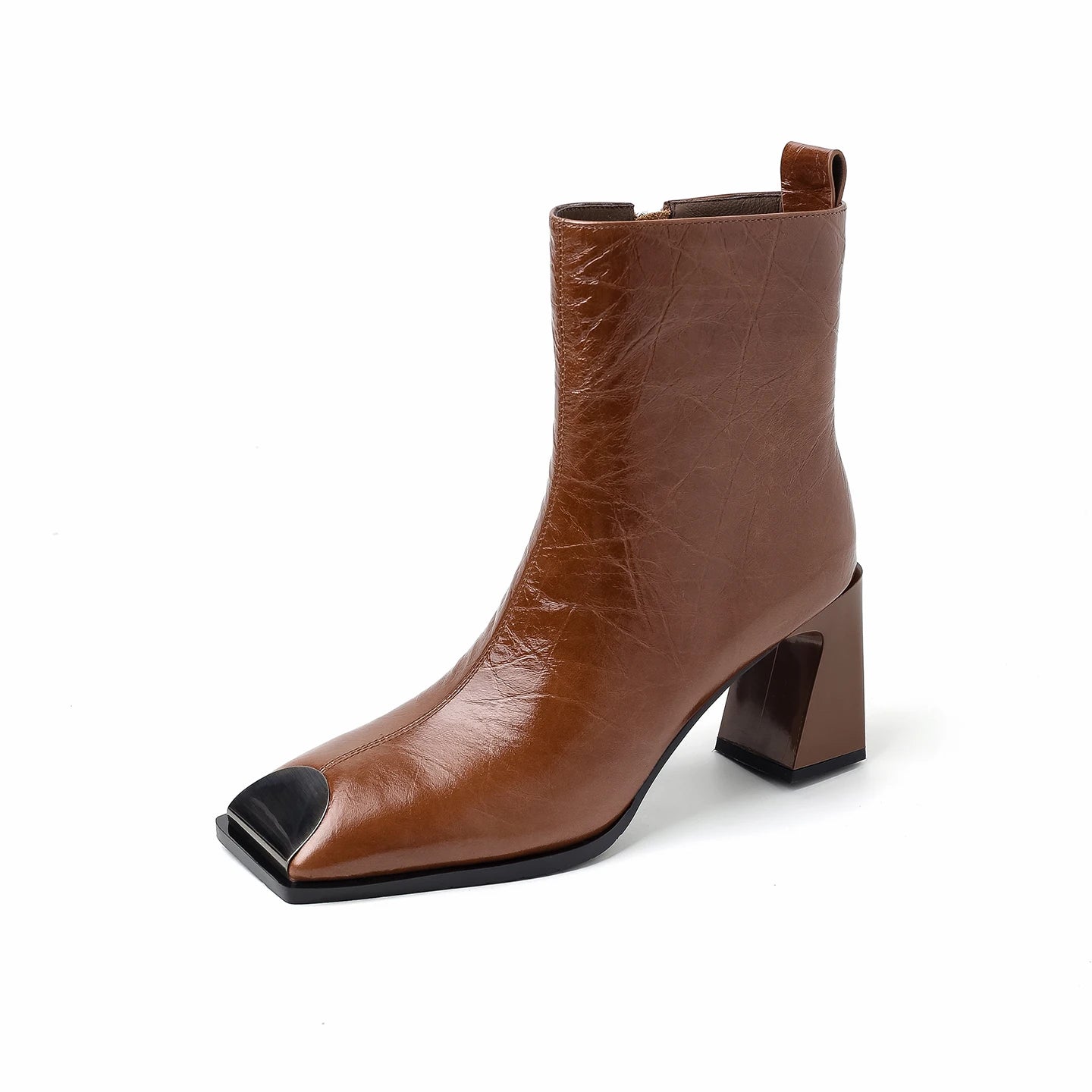 Fashion Genuine Leather women's Ankle Boots Square Metal Toe High Thick Heels Lady Party Dating Boots Women Autumn
