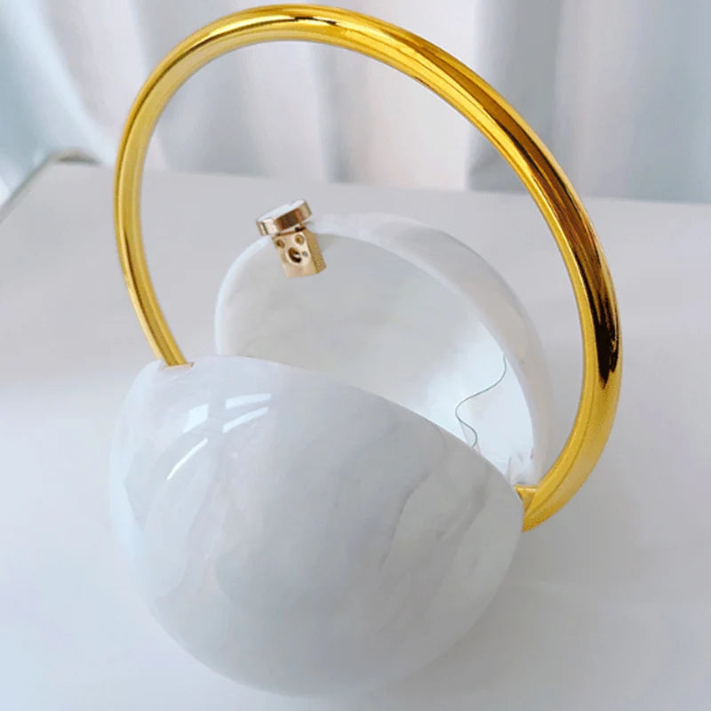 Fashion Bride Pearl White Round Metal Gold Women Luxury Evening Banquet Clutch Bag Wedding Purse Party Crossbody Day Handbag