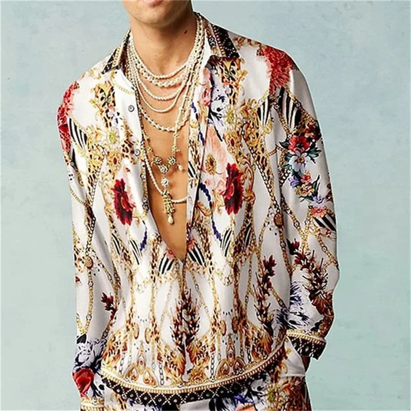 Casual Simple Long Sleeve Shirt Men's Fall Men's Shirt Long Sleeve Men's Ethnic Style Graphic 3d Print Holiday Button Men's Shir
