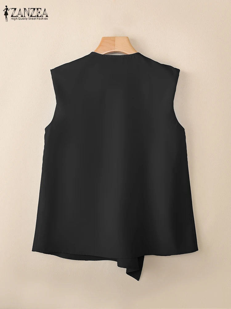 ZANZEA Trendy Pleated Design Women's Blue Tank Tops 2025 Summer Solid Color V-Neck Sleeveless Tops Streetwear 3 Colors S-3XL