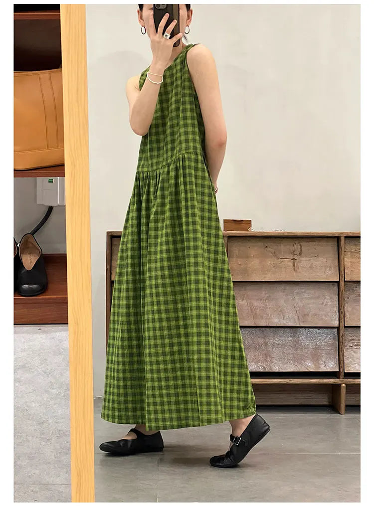 Slimming Plaid Cotton Lin Svel Long Dr Women's plus Size Dstring Waist round Ne Vest Skirt Commute Sle Summer...