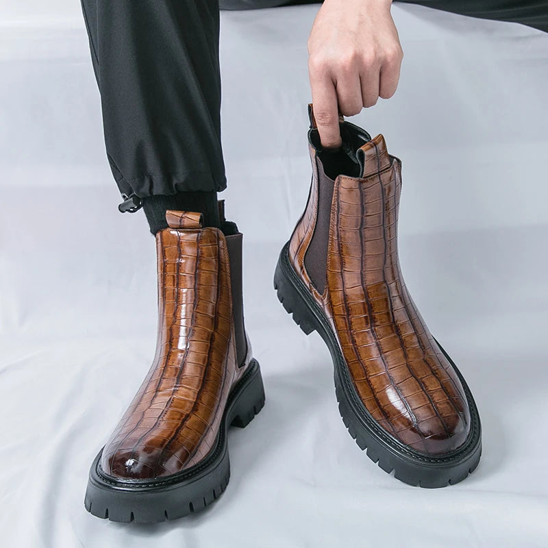 2025 Fashion Brand Men's Comfortable Fit Thick Soled Chimney Boots Autumn New High Top Chelsea Boots Plus Large Workwear Boots