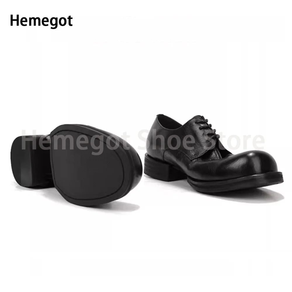 Big Round Toe Casual Shoes Low Cut Breathable Leather Shoes for Men Wear-Resistant Breathable Solid Color Handmade Men's Shoes