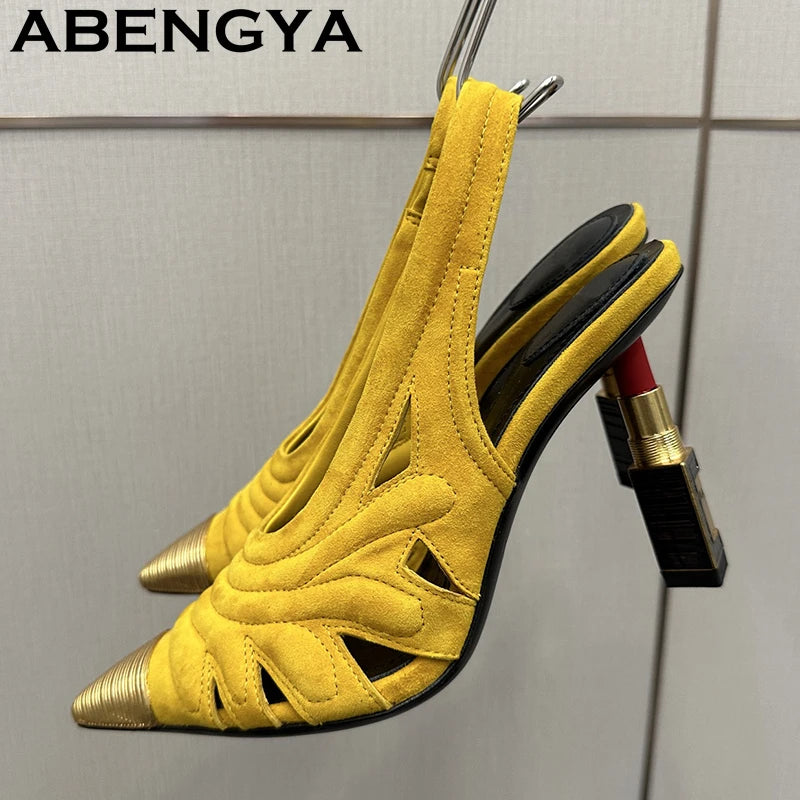 Fashion Strange High Heels Sandals Women Metal Pointy Toe Suede Slingbacks Pumps Summer Sexy Party Wedding Brides Shoes Female
