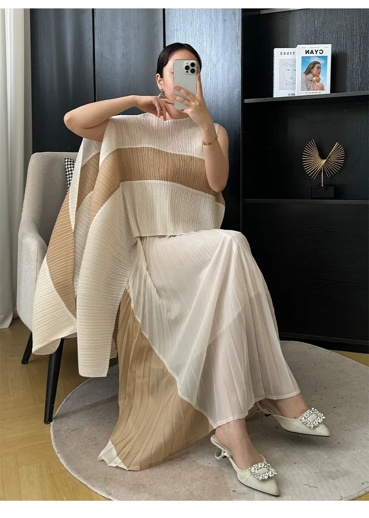Miyake Pleated Two Piece Skirt Sets Women Sleeveless Irregular T-shirt Long Contrasting Color Skirt