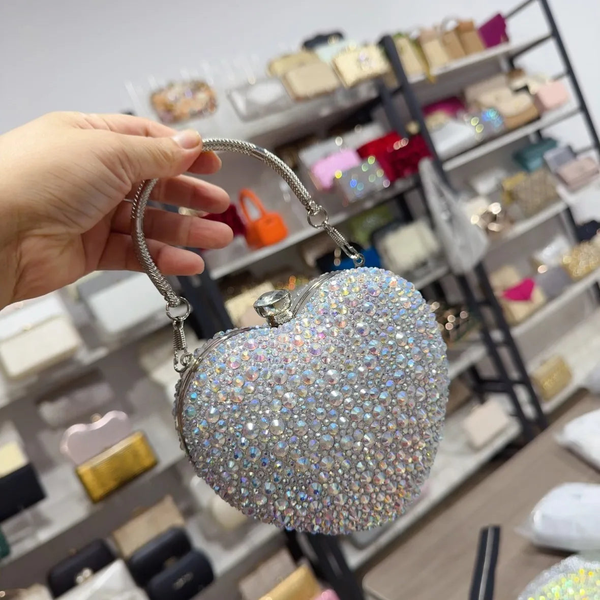 Luxury Diamond Inlay Heart Shape Crystal Clutch Purse Stones Evening Wedding Party Shoulder Bags Handle Rhinestone Mini Handbags