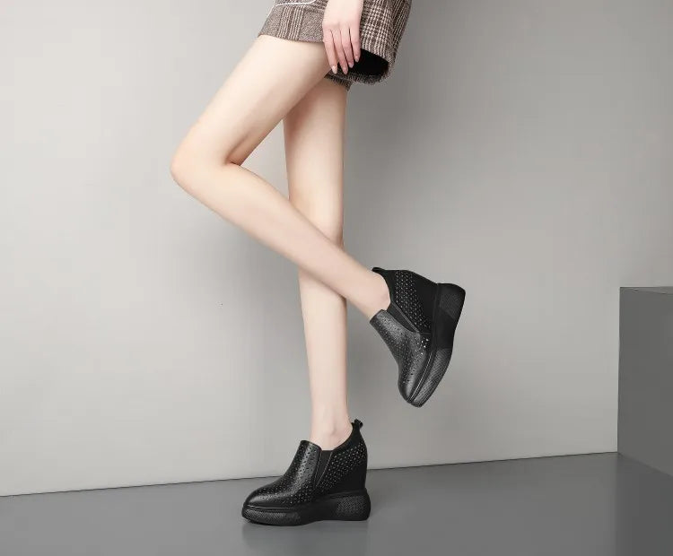High Heels Hollow Out Shoes Casual Black White Women Sneakers Leisure Platform Shoes Slip-On Breathable Height Increasing Shoes