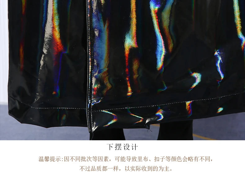 Nerazzurri Autumn Extra Long Black Holographic Shiny Reflective Stretchy Soft PVC Leather Trench Coat for Women European Fashion