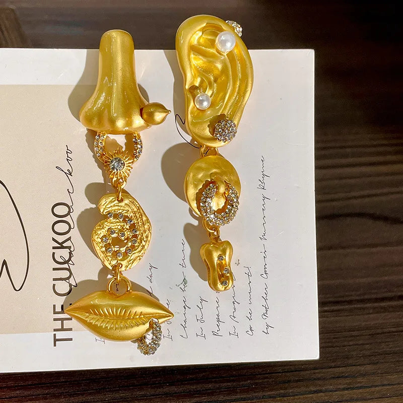 NISHIZAWA Asymmetrical Earrings for Women Human Face Gold Color Hyperbole Pendientes Mujer Medieval Fashion Retro Jewelry