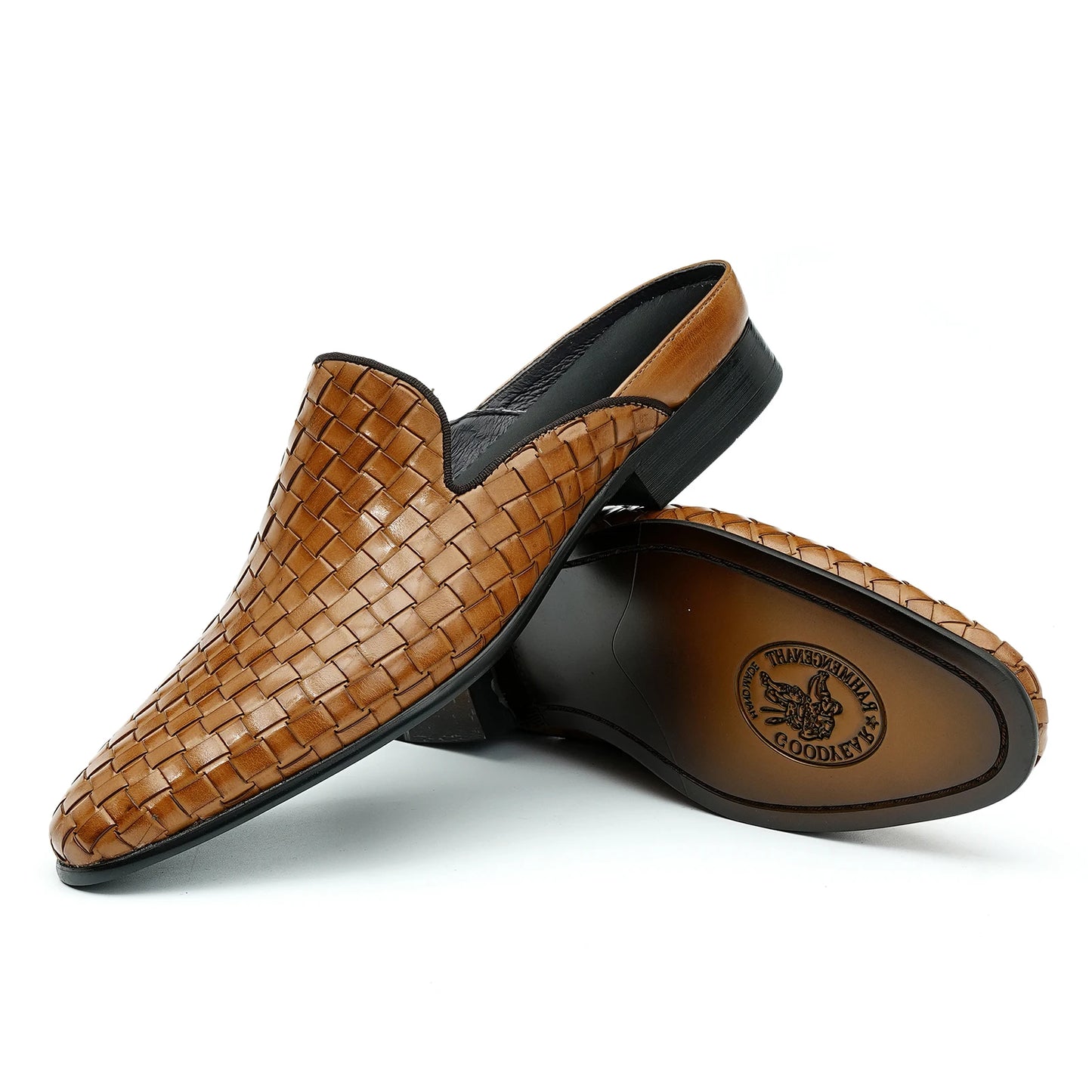 Mens Genuine Leather Slip On Sandals Summer Breathable Open Back Loafers No Heel Cowhide Weaving Slides