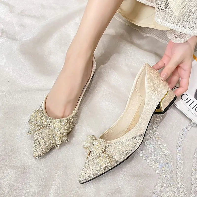 Women's Summer Footwear Pearl Square Heels Shoes for Woman 2025 Pointed Toe Diamond Low Heel Elegant with Crystals Rhinestone