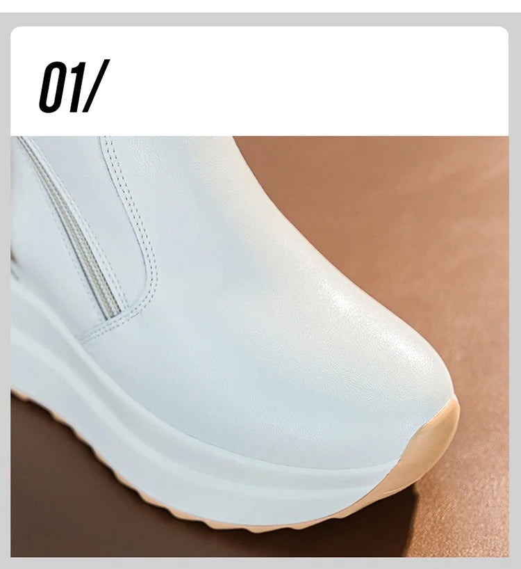 9cm White Black Women Ankle Boots Platform Wedge Heel Booties Shoes Microfiber Leather Spring Winter Fashion Sneakers High Top
