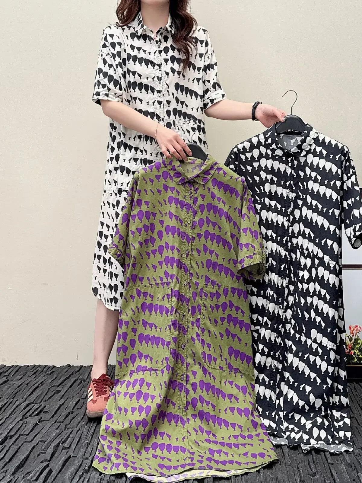 Summer dresses 2025 Japan harajuku fashion 100% cotton short sleeve green black white geometric pattern shirt dress